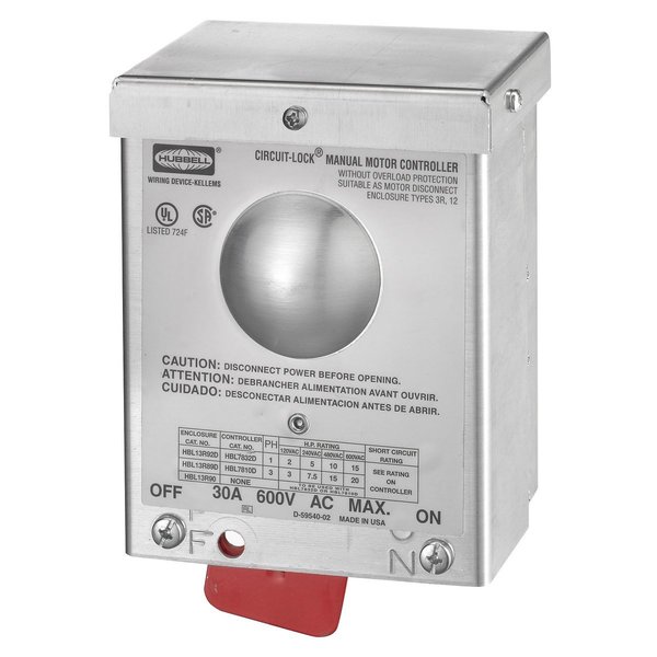 Hubbell Wiring Device-Kellems Industrial Grade, Toggle Switches, Motor Disconnects, Double Pole, 30A 600V AC, Back and Side Wired, Aluminum, NEMA 3R Enclosure with Switch HBL13R92